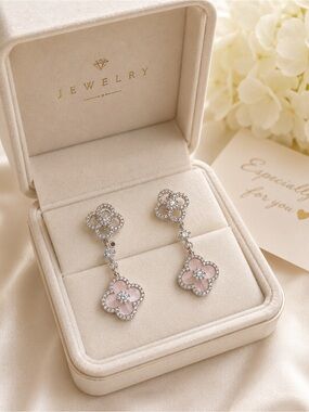 s925 Silver Drop Clover Earrings with Pink Accents